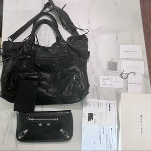 Authentic Black Leather Balenciaga Classic City Bag 2012 with Wallet and strap
